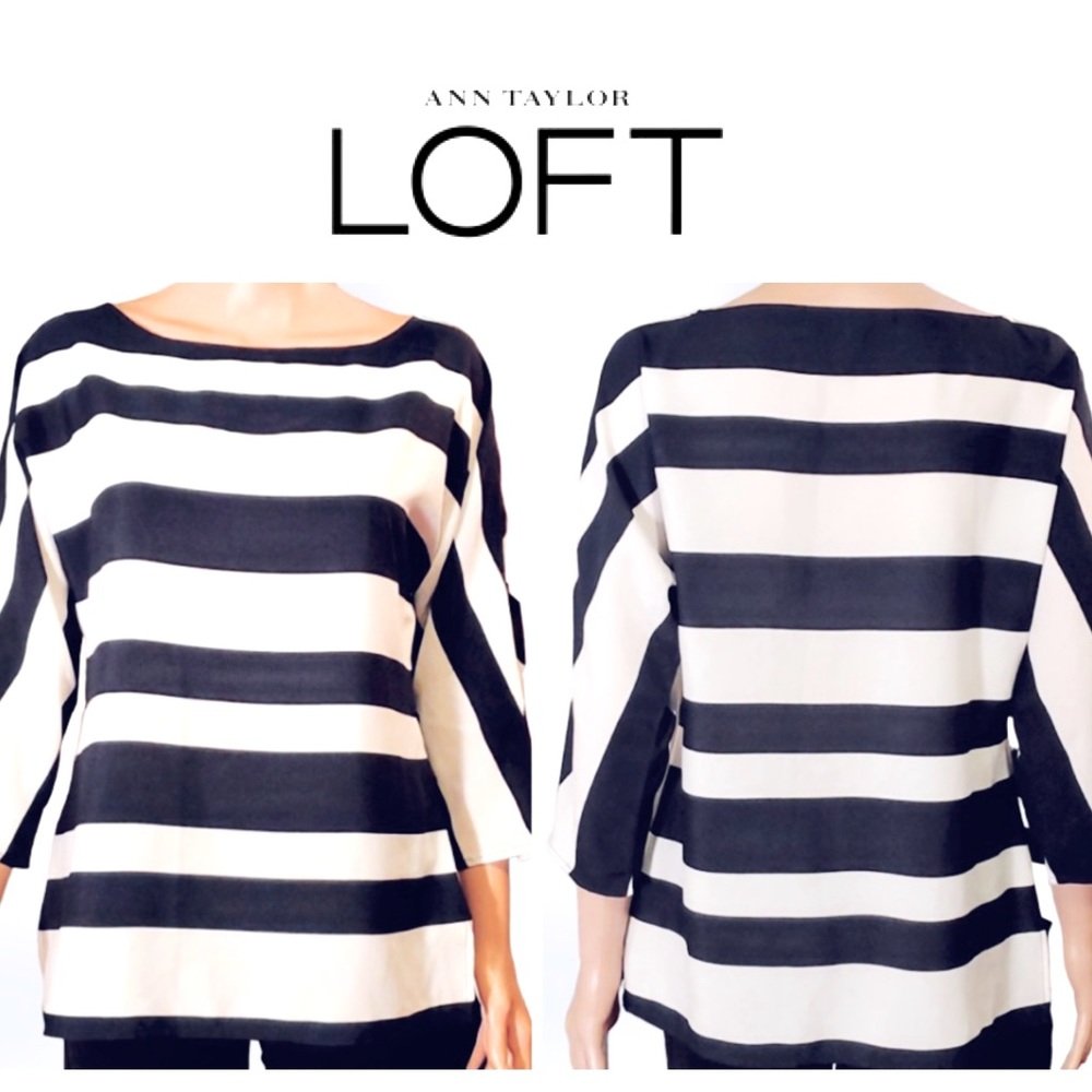 Ann Taylor LOFT Striped SHEER Blouse 3/4 Sleeve Navy & White Boat Neck Polyester